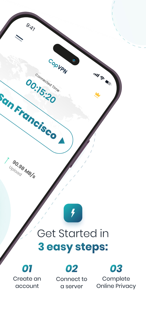 CopVPN - Fast & Secure VPN - Un smartphone que muestra los tres pasos para empezar con CopVPN para una privacidad segura en línea.