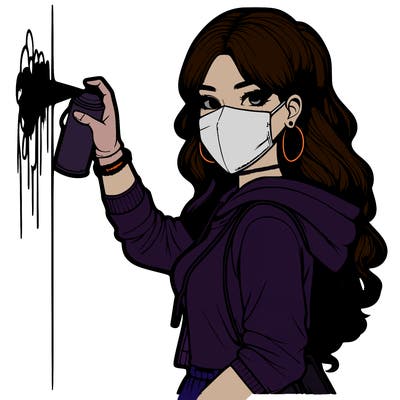 realistic girl with mask spray painting a wall