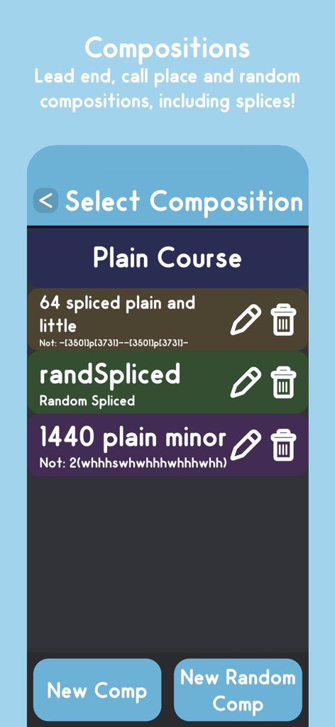 Campana - Lista de composições de toque de sinos salvas e métodos emendados na interface do aplicativo Campana.