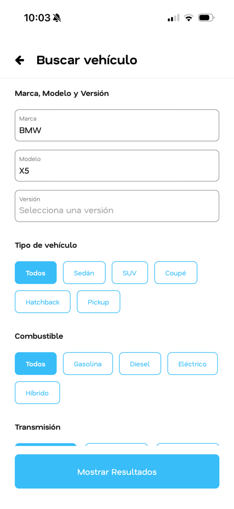 Autory - Autoryアプリのモバイル画面。メーカー、モデル、車両タイプ、燃料オプションなどの高度な車両検索フィルターが表示されます。