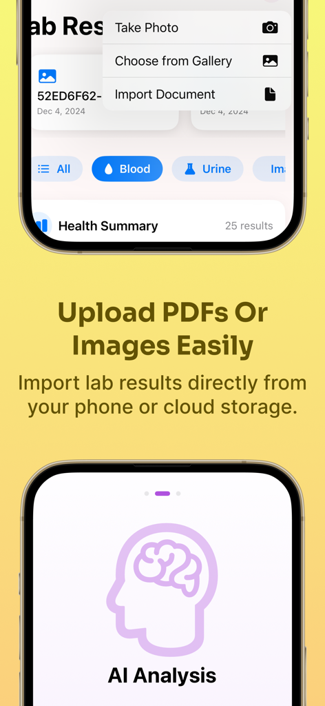 AI Lab Results Analyzer - App screen showing options to upload medical lab results for AI analysis