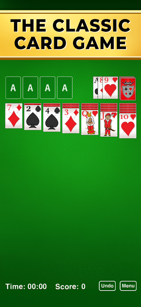 Interfaz del juego de cartas solitario clásico sobre un fondo verde mostrando un diseño de partida nuevo