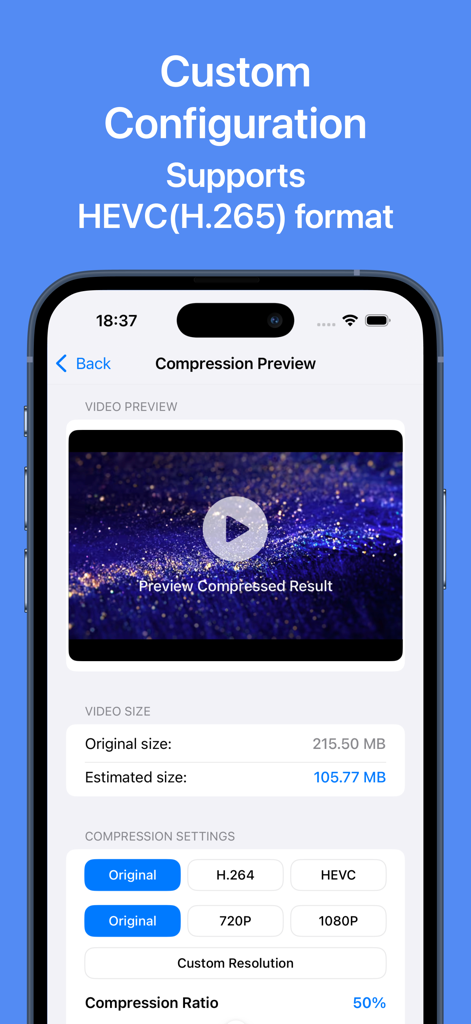 Video Compress - Supports HEVC - Interface of the Video Compress app showing a video compression preview with HEVC and H.264 settings and a 50 percent reduction in file size