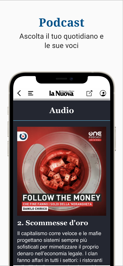 Seção de podcast e áudio do aplicativo móvel La Nuova di Venezia e Mestre.