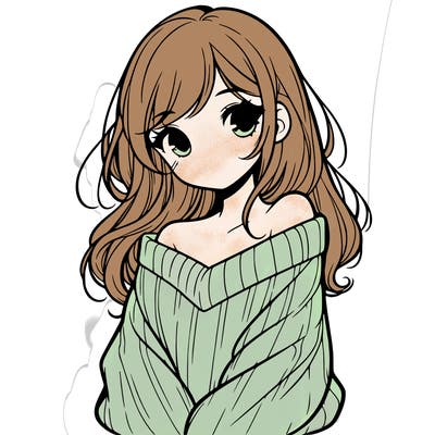 shy pretty girl wearing a sweater that is falling off one shoulder portrait
