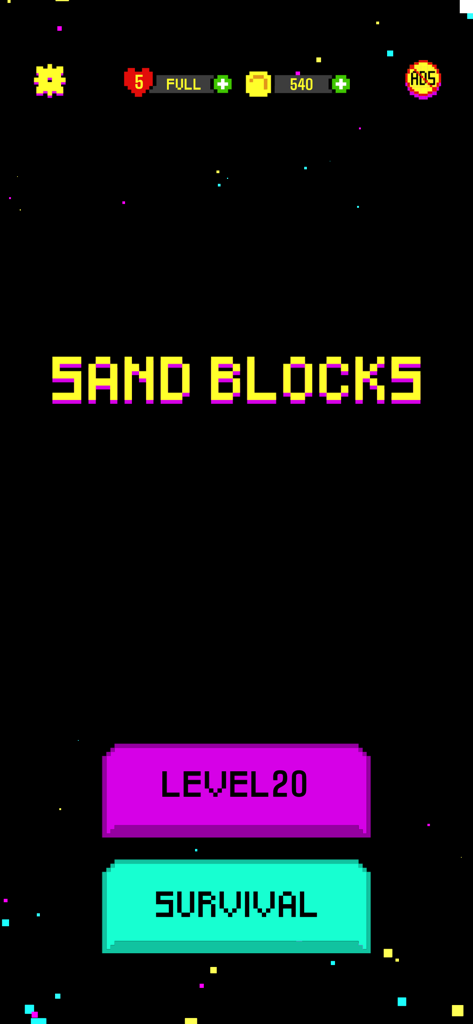 Menú principal de Sand Blocks Blast Puzzle mostrando los botones de Nivel 20 y Modo Supervivencia