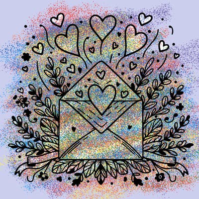 an envelope with hearts floating out of it, surrounded by floral accents or ribbons.