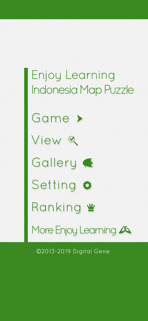 Main menu screen of the Indonesia Map Puzzle educational game showing options for Game, View, Gallery, Setting, and Ranking.