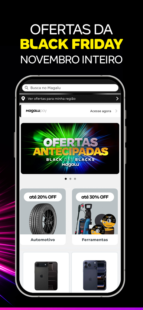 Magalu mobile app interface featuring Black Friday promotions and product categories