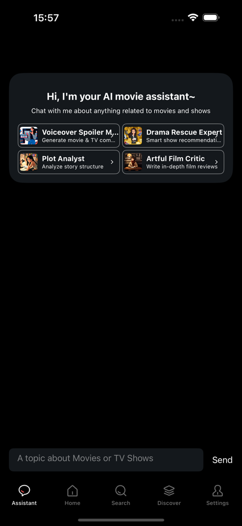 AI assistant screen in the Panda Movies app providing movie analysis and script generation features