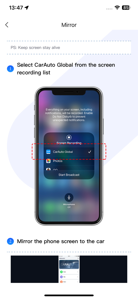 CarAuto(Global) - Instrucciones para reflejar la pantalla de un iPhone en un sistema de infoentretenimiento de coche utilizando la aplicación CarAuto Global