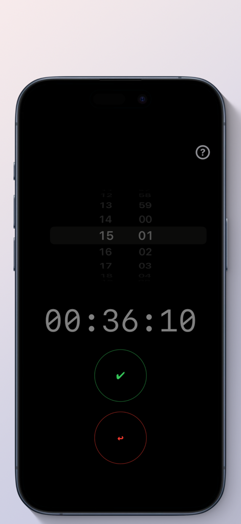 Earphone only alarm - 카운트다운 타이머와 시간 선택기가 있는 이어폰 전용 알람 앱의 미니멀리스트 다크 모드 인터페이스.