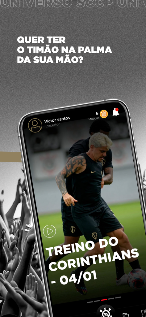 Universo SCCP - Smartphone screen showing a Corinthians training video in the Universo SCCP app.