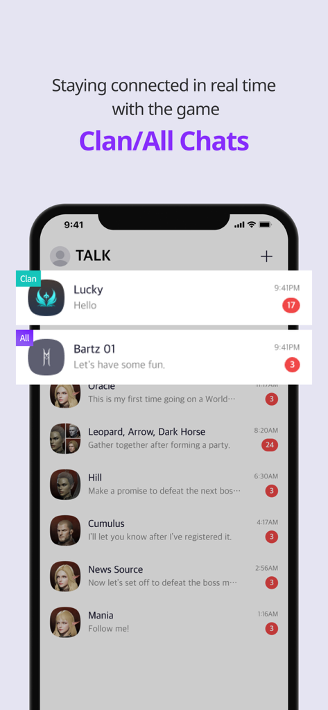 Mobile app screen showing clan and group chat messages in PURPLE