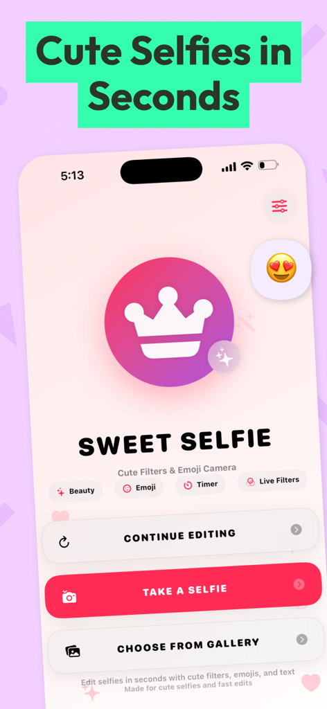 Sweet Selfie Camera - Editor - Home screen of Sweet Selfie Camera app featuring a crown icon and buttons for taking a selfie or editing photos.