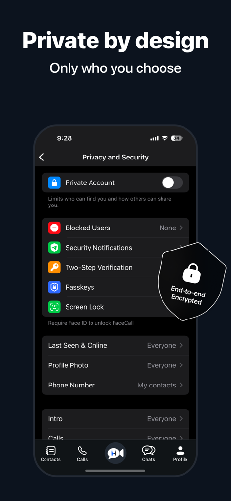 FaceCall - Answer Better - Bildschirm für Datenschutz- und Sicherheitseinstellungen der FaceCall-App, der Ende-zu-Ende-Verschlüsselung und Benutzerkontrollen anzeigt