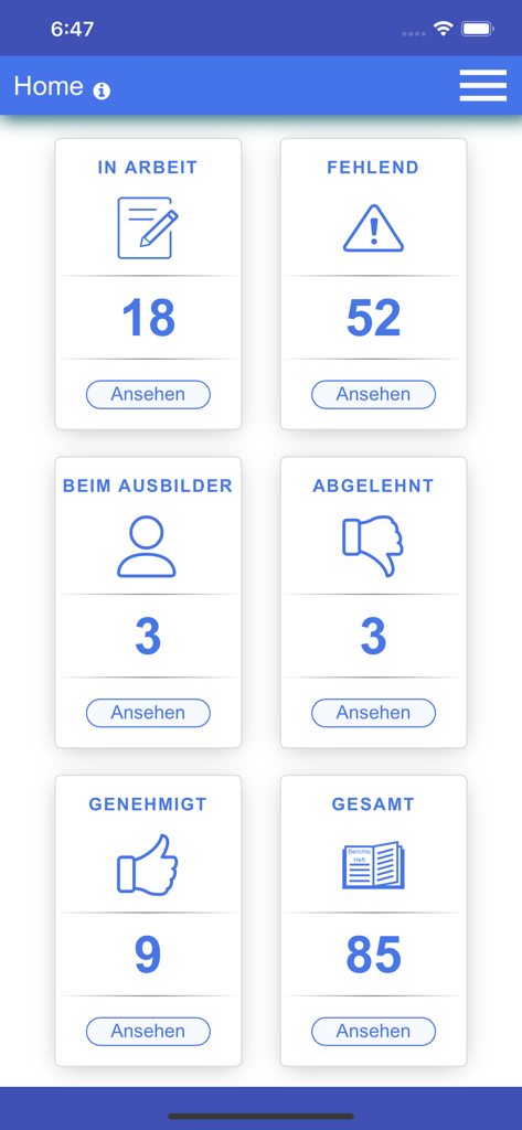Azubiheft App - Dashboard der Azubiheft App, das den Status von Berufsausbildungs-Logbucheinträgen anzeigt, z. B. in Bearbeitung, fehlend und genehmigt