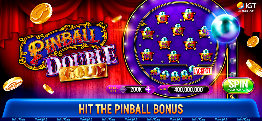 A colorful pinball-themed bonus round screen from the Pinball Double Gold slot machine in the Hard Rock Jackpot Planet app.