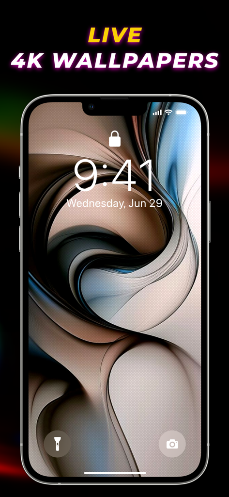 Abstract 3D swirling 4K wallpaper displayed on an iPhone lock screen