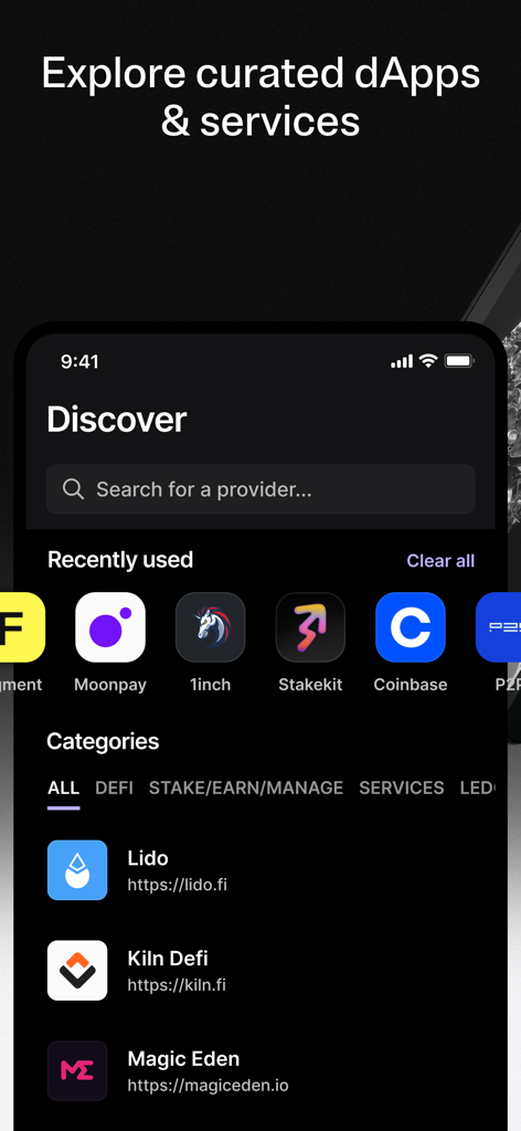 Ledger Wallet™ crypto app - Moonpay, 1inch 및 Coinbase와 같은 큐레이션된 dApp 및 서비스를 보여주는 Ledger Wallet 앱의 Discover 섹션 스크린샷.