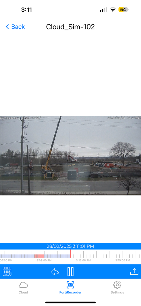 FortiCamera - FortiCamera mobile app interface showing a surveillance video of a construction site.