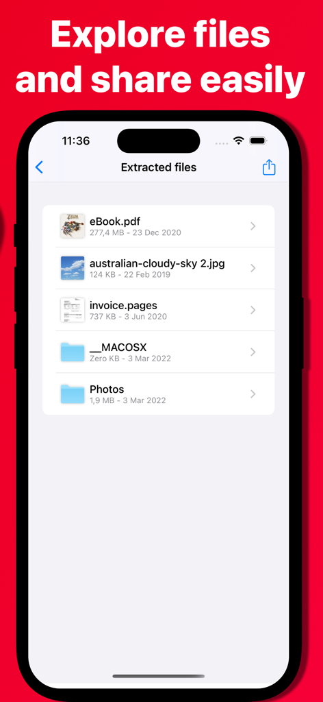 Unzip Extractor 앱 인터페이스로 iPhone에서 추출된 문서 및 이미지 목록 표시