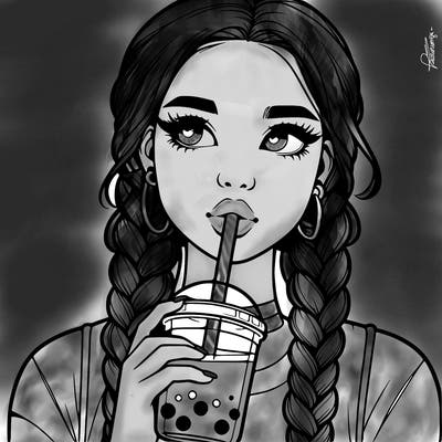 realistic girl with braided hair drinking boba