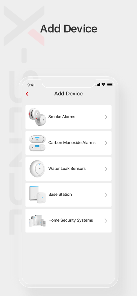 X-Sense Home Security - X-Sense Home Security app interface showing a list of devices to add including smoke alarms carbon monoxide alarms and water leak sensors