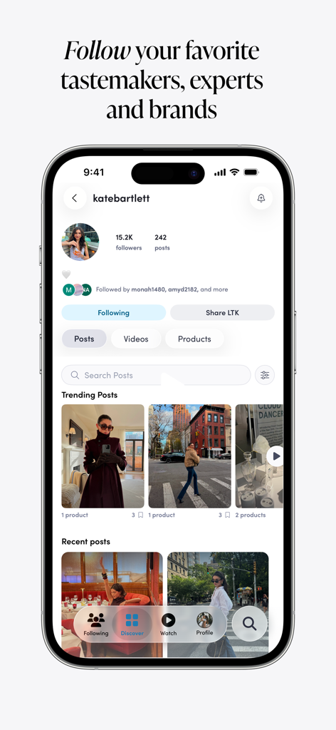 LTK app screen showing a fashion creator profile with trending posts and shopping recommendations