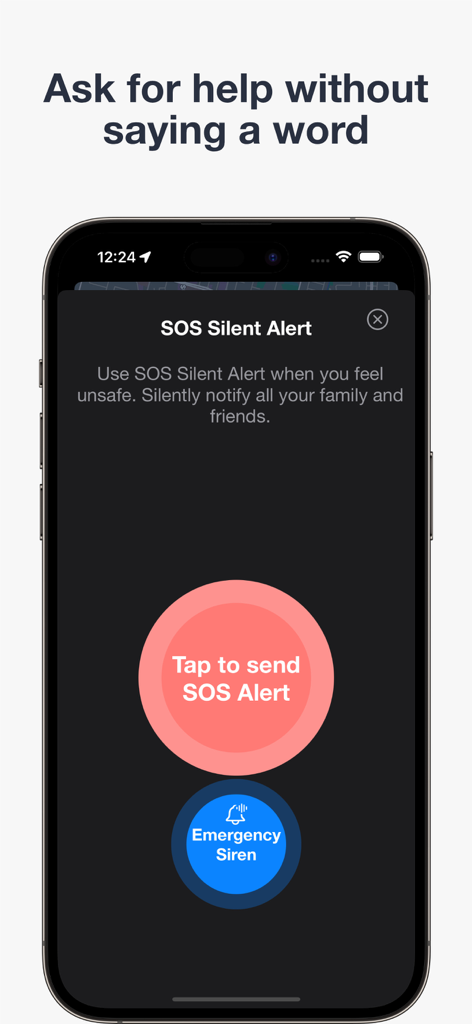 Interface do aplicativo Findie mostrando alerta silencioso SOS e opções de sirene de emergência em uma tela de smartphone