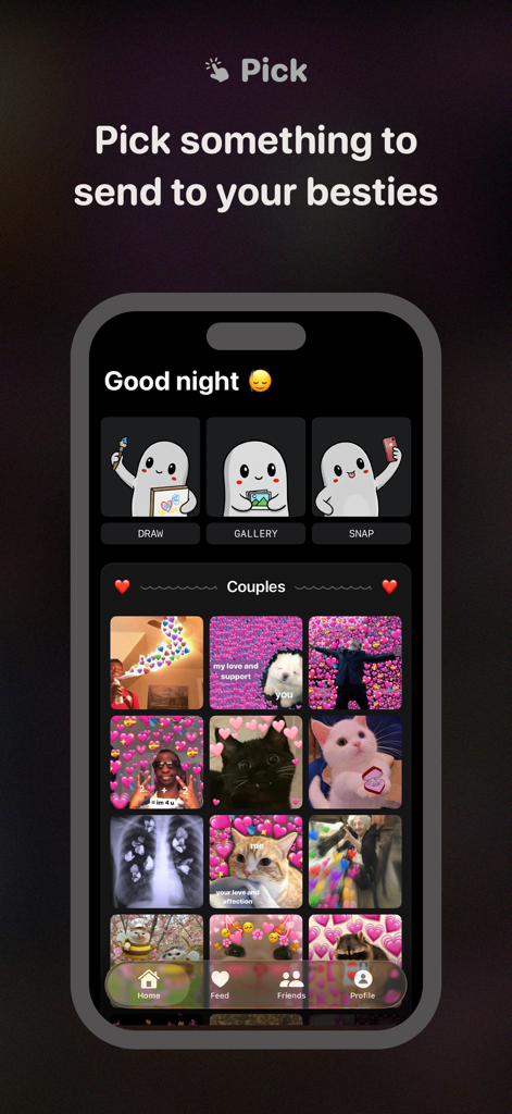Photo Widget - WidGeek - Tela do aplicativo WidGeek para escolher desenhos, fotos ou memes para enviar aos amigos