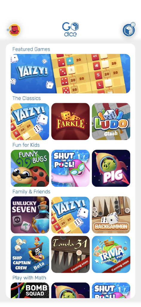 GoDice™ - GoDice app home screen displaying a library of featured classic and educational board games.