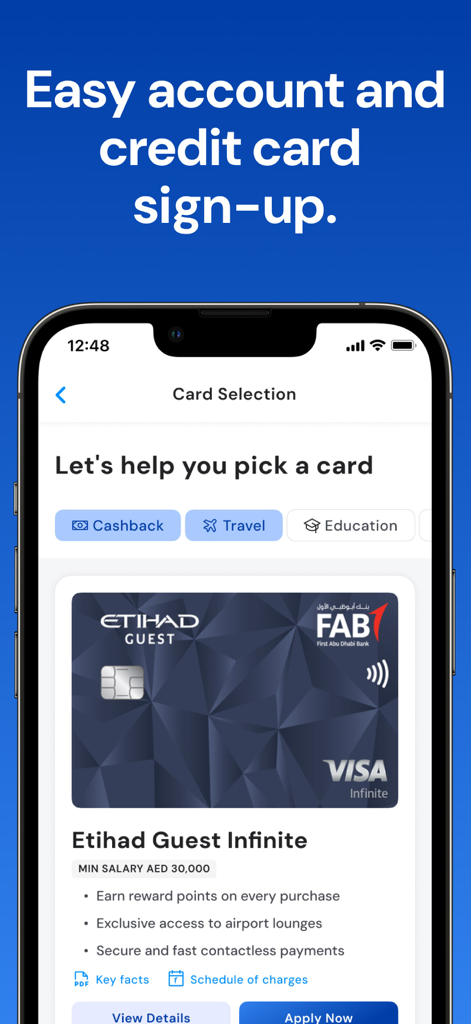 FAB Mobile Banking app screen showing credit card selection for the Etihad Guest Infinite Visa card.