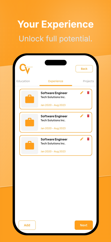 CV Maker - Professional Resume - Pantalla de un teléfono móvil mostrando la sección de experiencia de una aplicación constructora de currículums profesional con entradas de trabajo para un ingeniero de software