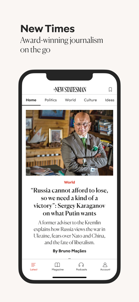 New Statesman Magazine - New Statesman magazine app interface on a smartphone displaying a featured article about world politics.