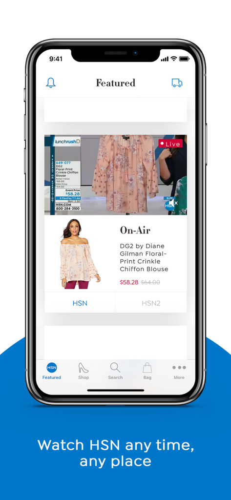 HSN app featured screen showing a live video stream of a floral print blouse and product details