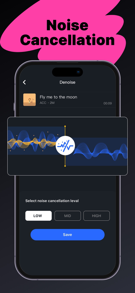 Mobile app interface for noise cancellation featuring adjustable levels and waveform visualization