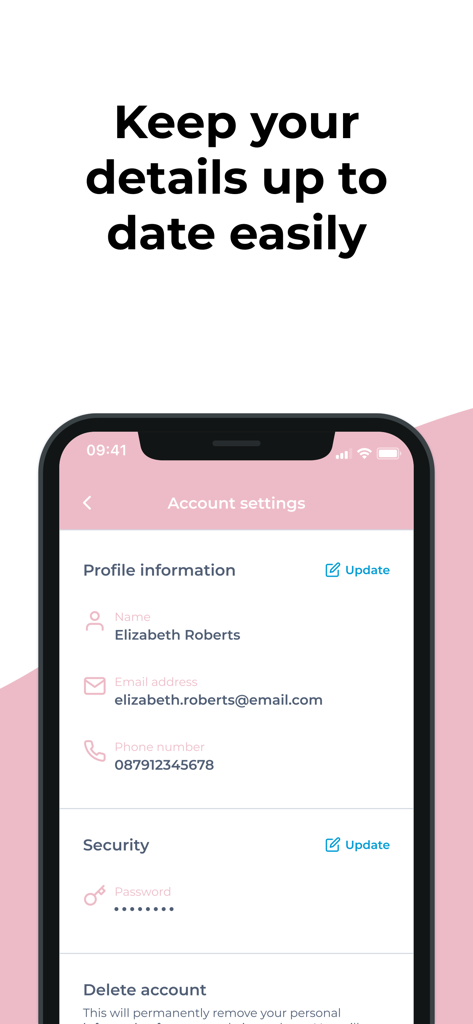 Mia Bella Beauty - Mia Bella Beauty app account settings screen showing profile information and security details