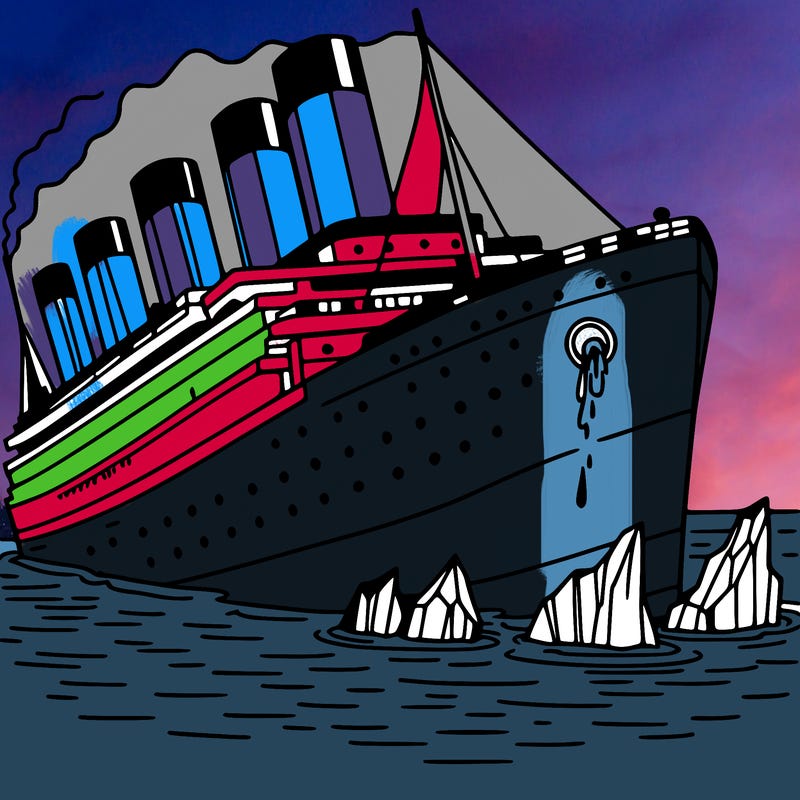 titanic with a hole on the front and a huge iceberg in the water sinking