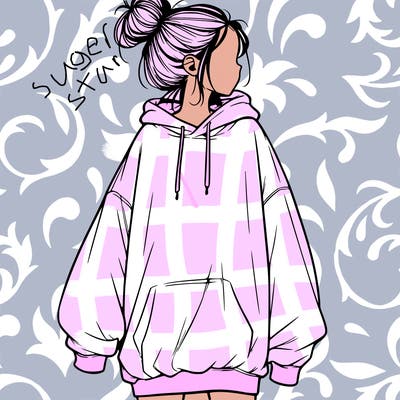 realistic girl with a oversized sweatshirt on and a bun