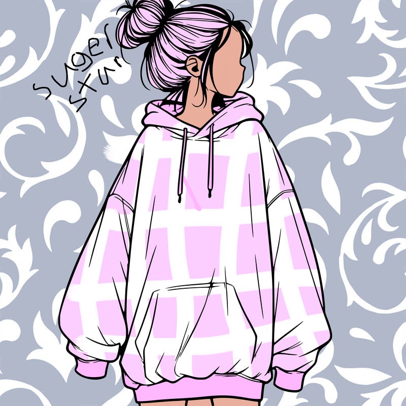 realistic girl with a oversized sweatshirt on and a bun