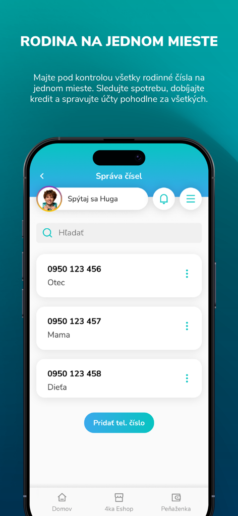 Tela do aplicativo Moja 4ka para gerenciar vários números de telefone da família