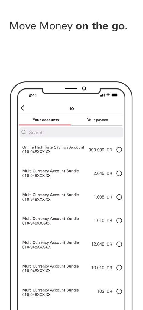 個人口座間の送金を行うHSBCインドネシアモバイルアプリの画面