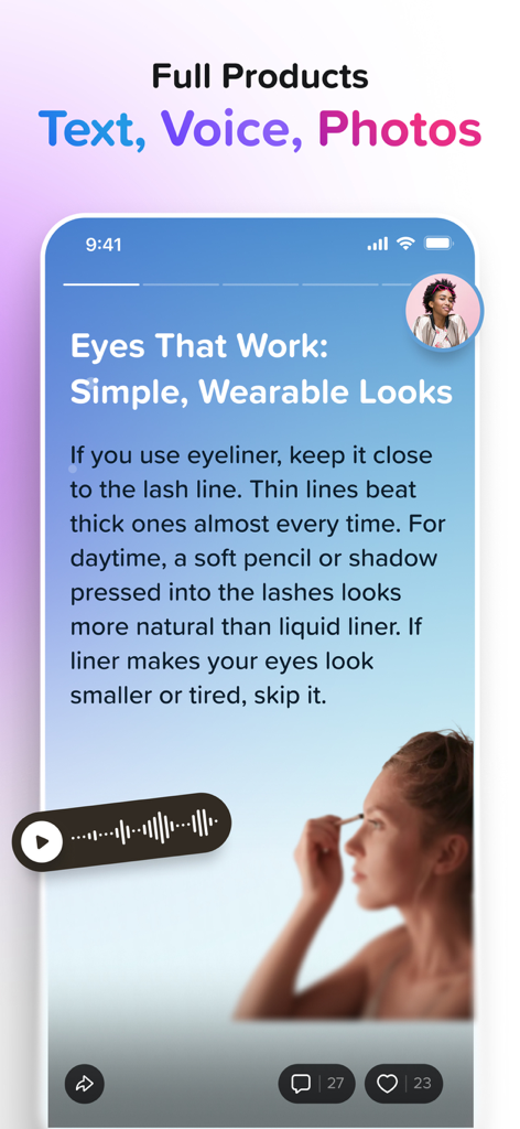 Ein mobiler App-Bildschirm, der eine digitale Produktlektion mit Text, Sprachnotizen und Bildern für ein Make-up-Tutorial zeigt.