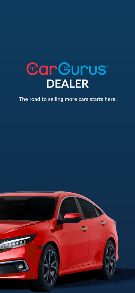 CarGurus Dealer app splash screen with a red car and the slogan The road to selling more cars starts here