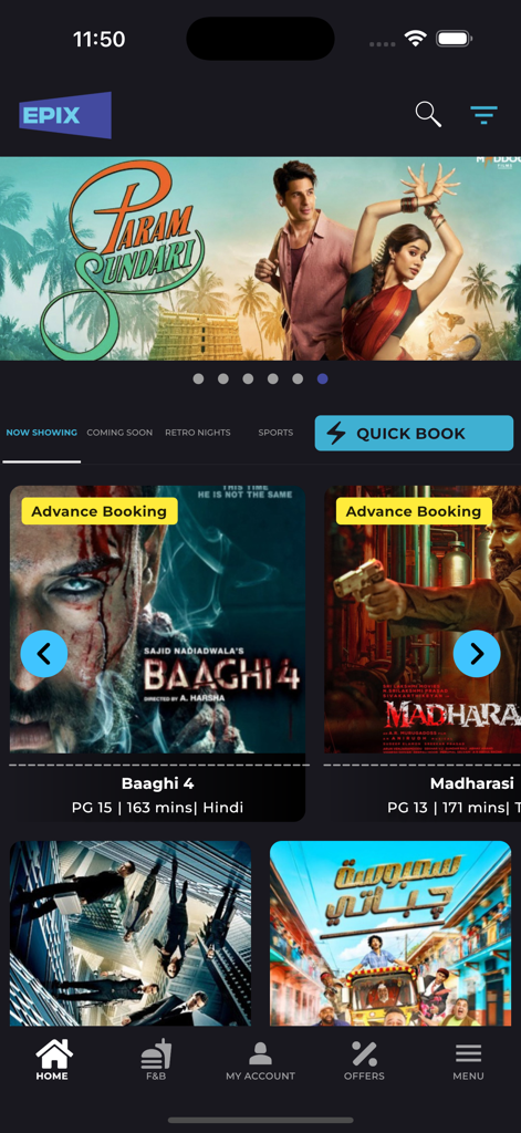 Interface of the EPIX CINEMAS app showing movies available for booking