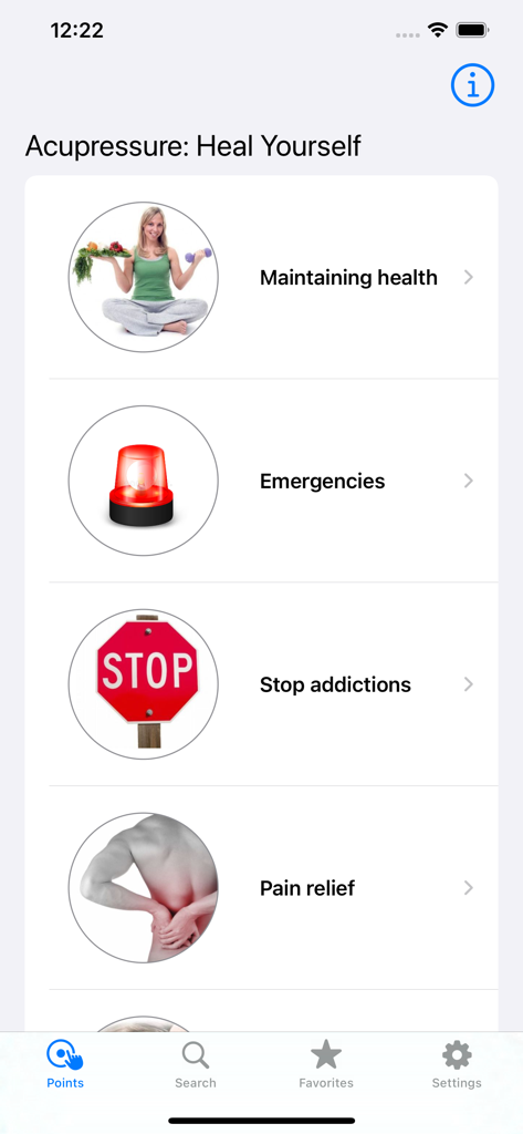 Acupressure: Heal Yourself - Main menu of the Acupressure app showing categories for maintaining health and pain relief.