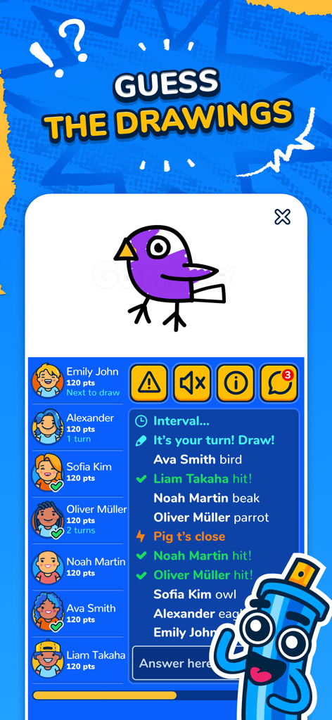 Gartic.io game interface showing a drawing of a bird and player guesses