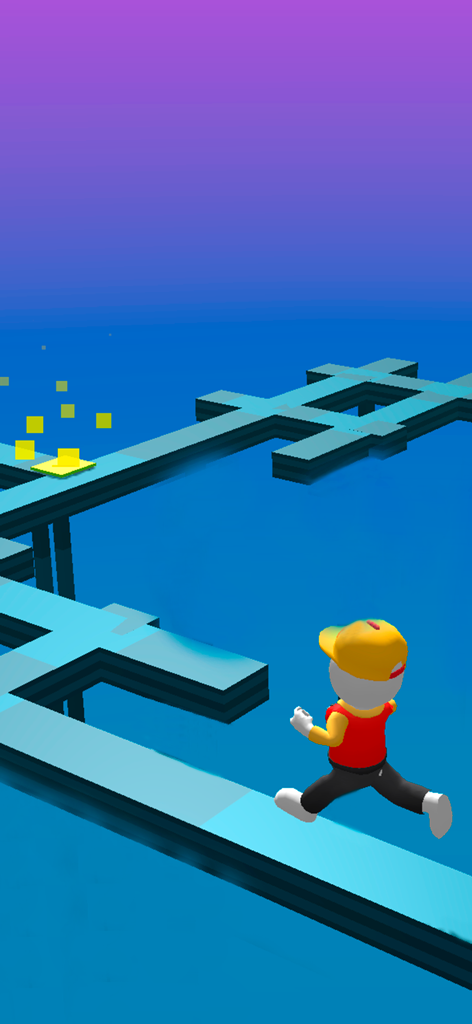 Run parkour games obby world - A character in a red shirt and yellow hat running on a blue obstacle course path in a parkour obby game.