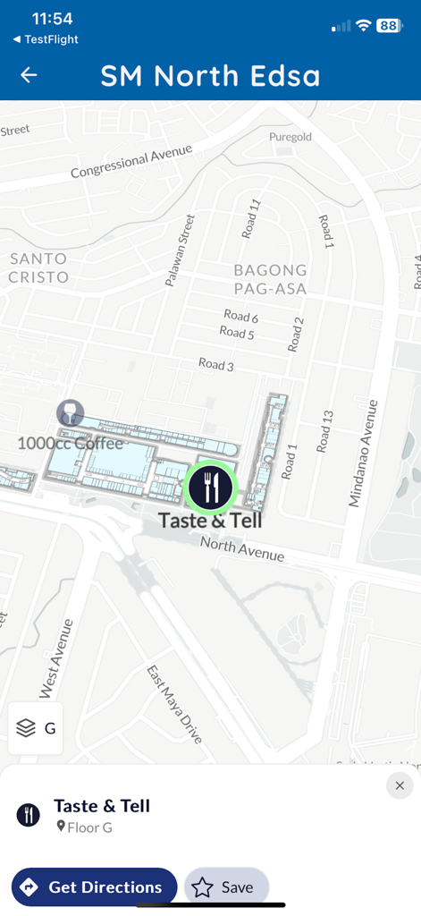 Indoor navigation map of SM North Edsa mall in the Duon app.
